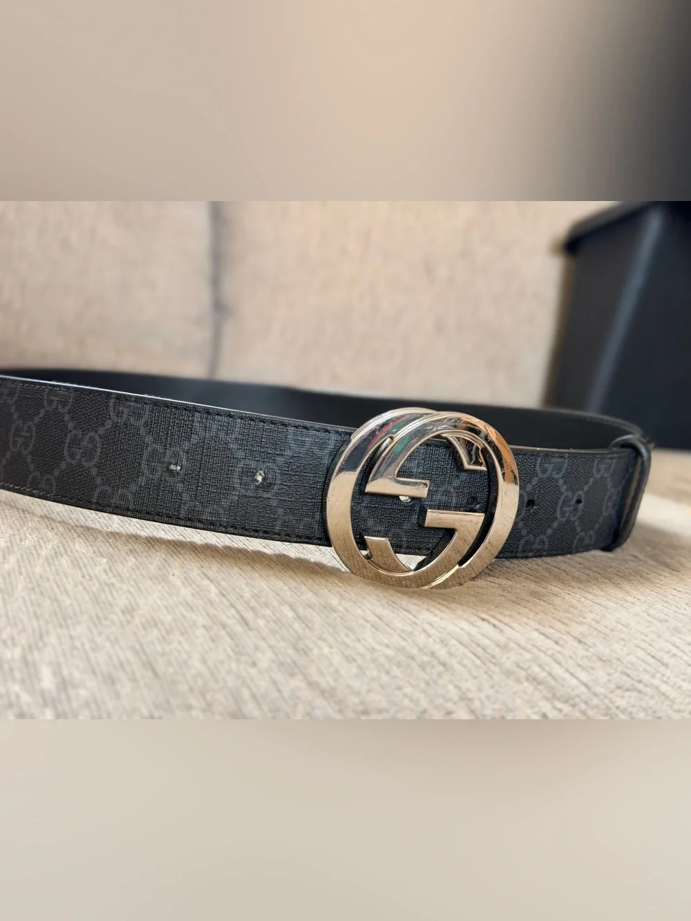 Gucci Black Monogram Leather Belt with Silver Interlocking G Buckle